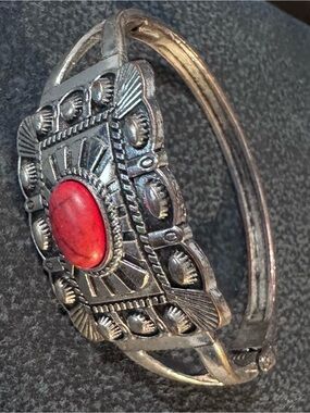 Silver-Tone Women's Bracelet with Red Stone Accent